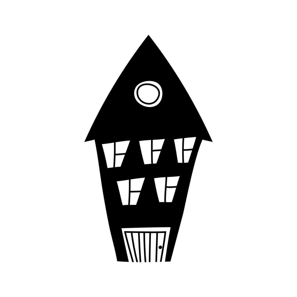 linda casa negra dibujada a mano con muchas ventanas y puerta de línea. ilustración vectorial icono de inicio de fideos en blanco y negro. vector
