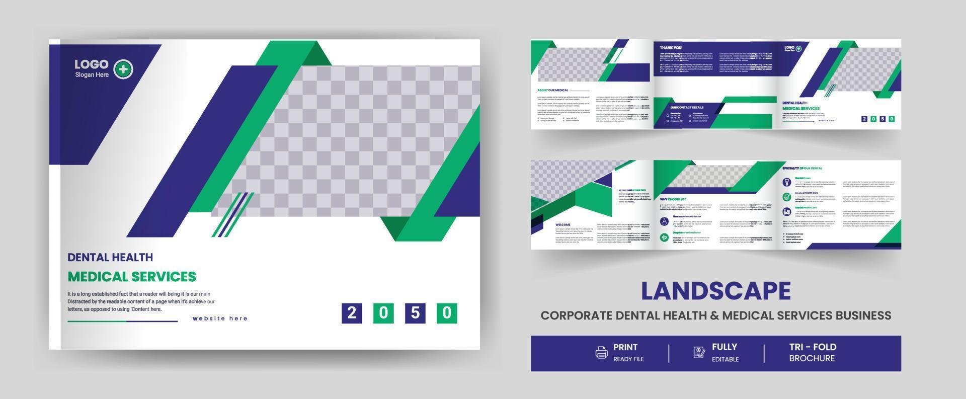 Landscape Medical Clinic, healthcare, trifold business brochure template design with Clean, minimal, and modern vector