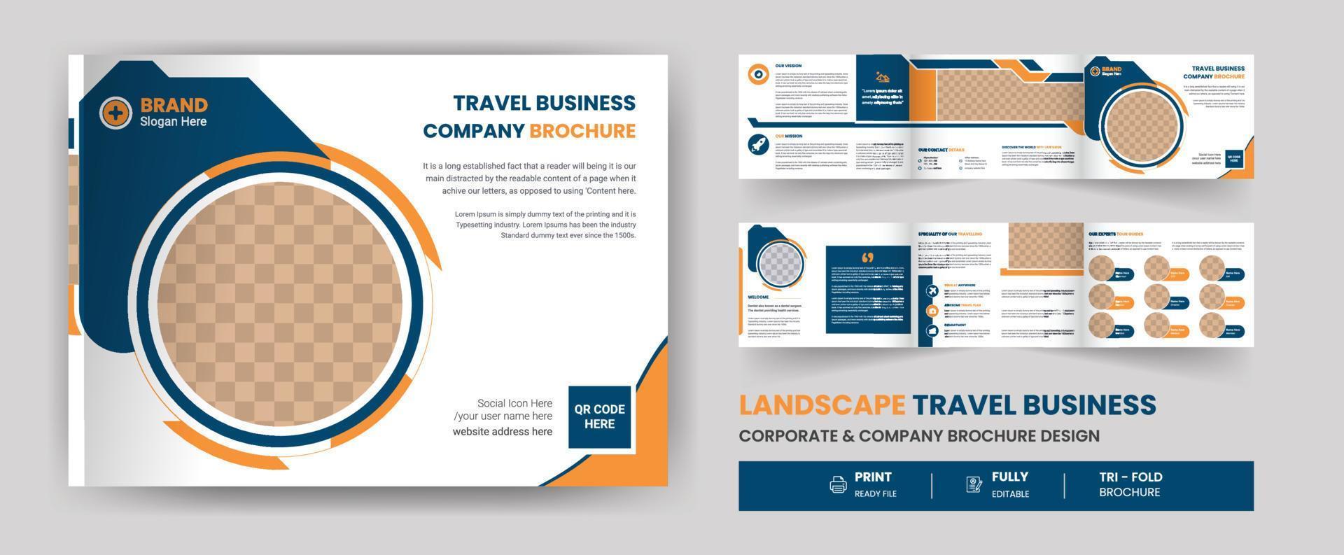 Travel landscape trifold business brochure, corporate flyer cover, minimal roll up banner, design vector