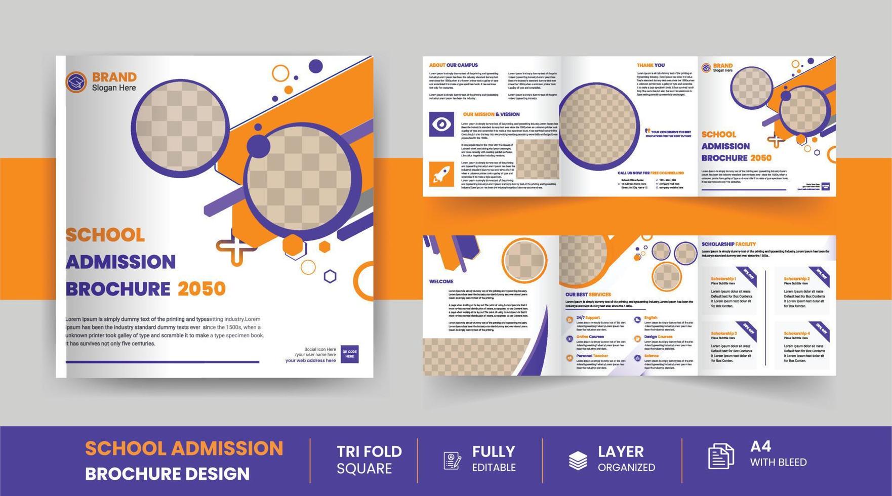Education Institute admission Corporate Square trifold brochure design template vector