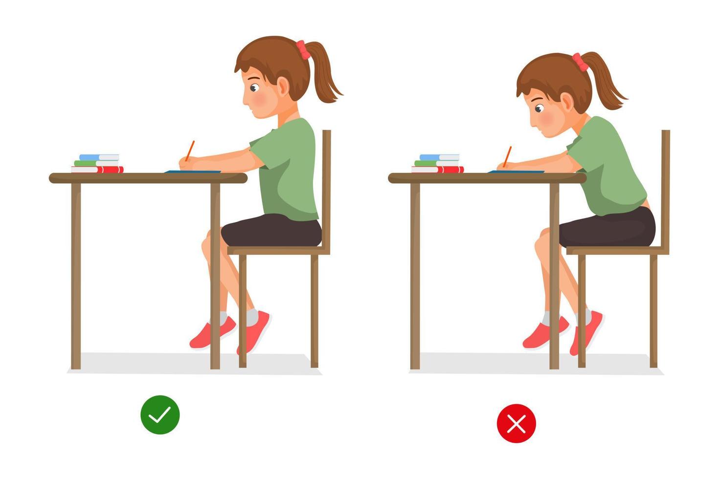 correct and incorrect sitting body postures of little girl studying at the desk vector