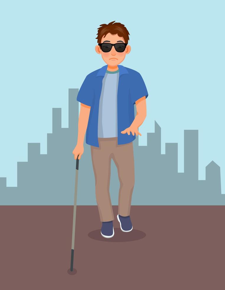 Young blind man in dark glasses walking with a cane stick on the street vector