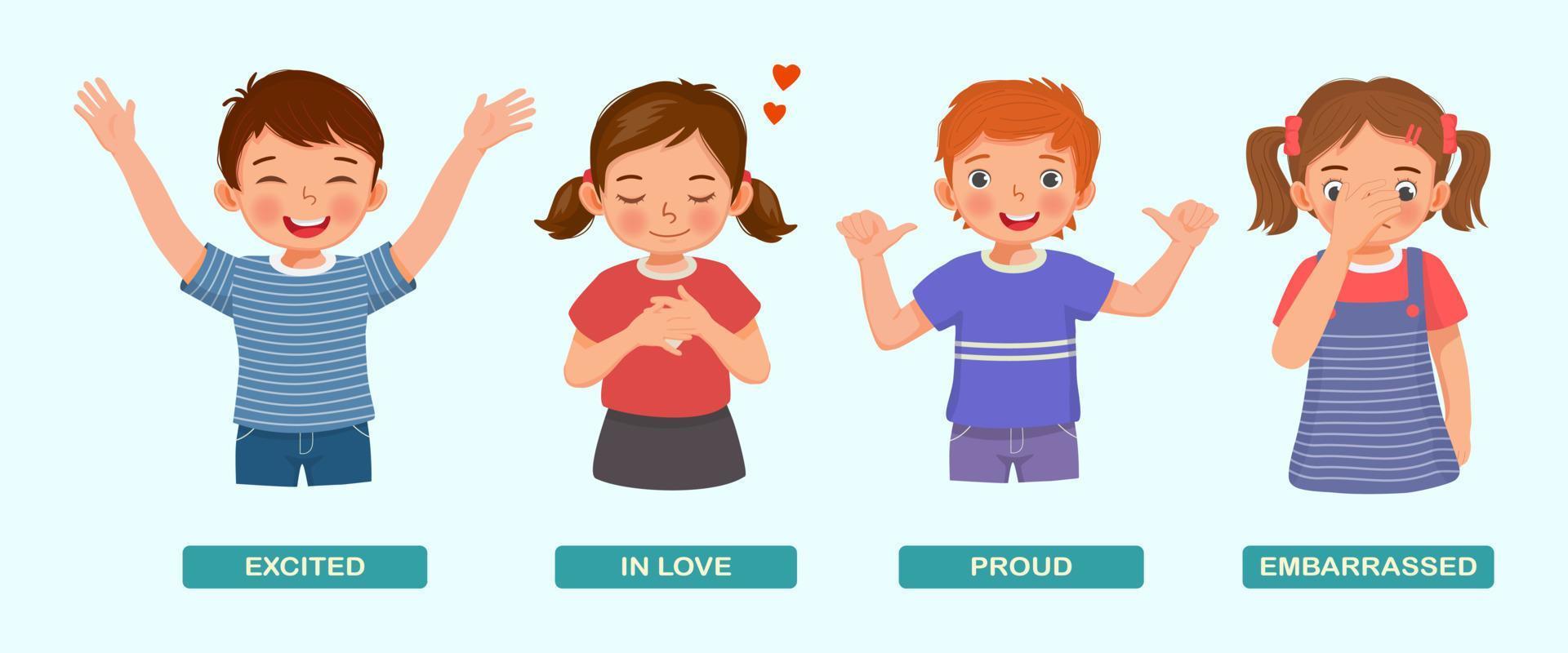 niños lindos que muestran diferentes sentimientos, como emocionados, enamorados, orgullosos y avergonzados con gestos manuales y expresiones faciales vector