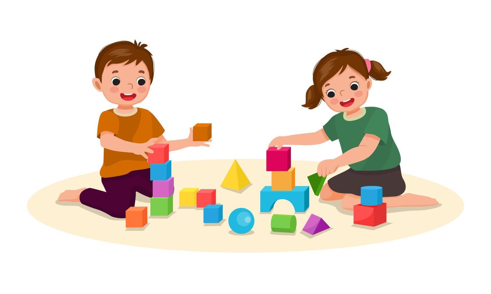 happy little kids boy and girl playing with building blocks educational toys together on the floor vector