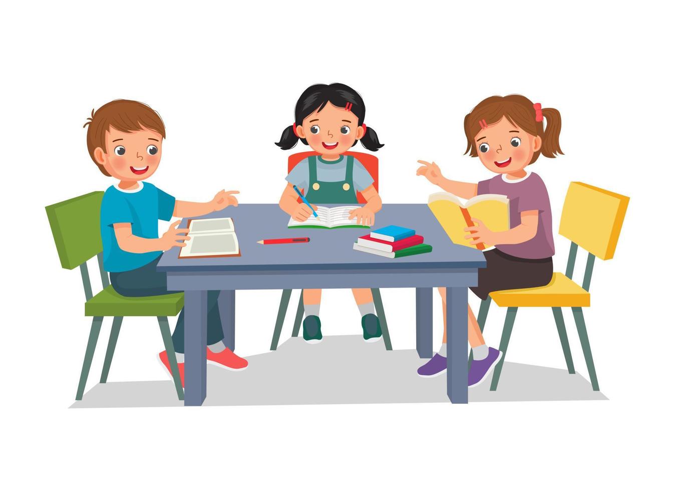 Group of elementary students kids studying together doing homework, reading, and discussing school projects around the table vector