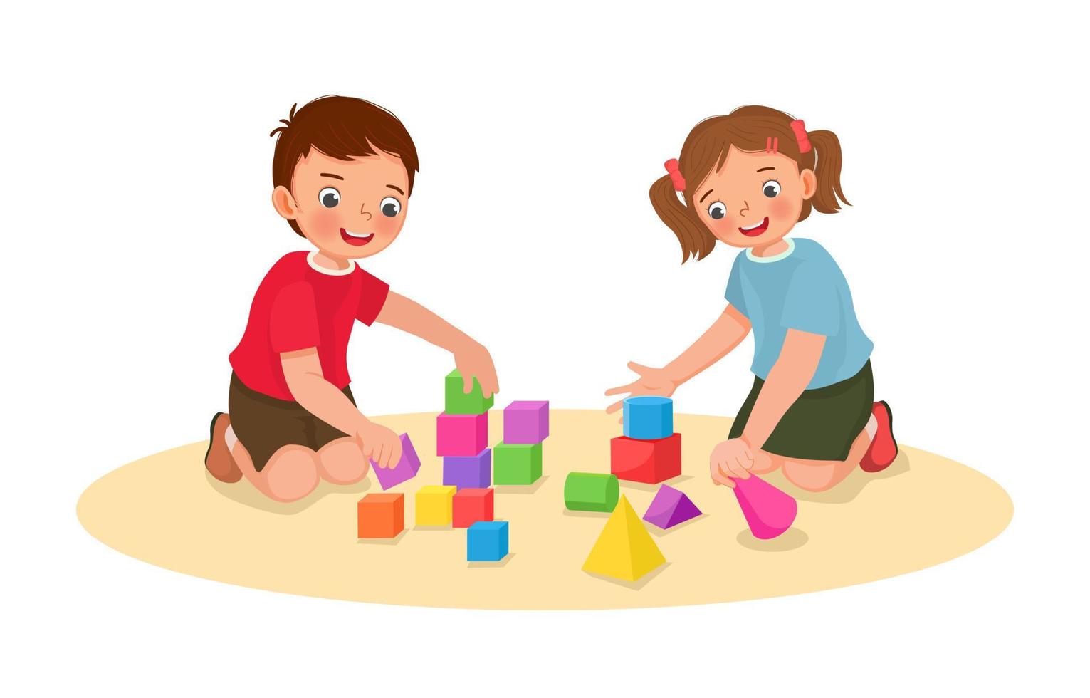 cute little kids boy and girl playing with building blocks educational toys together on the floor vector