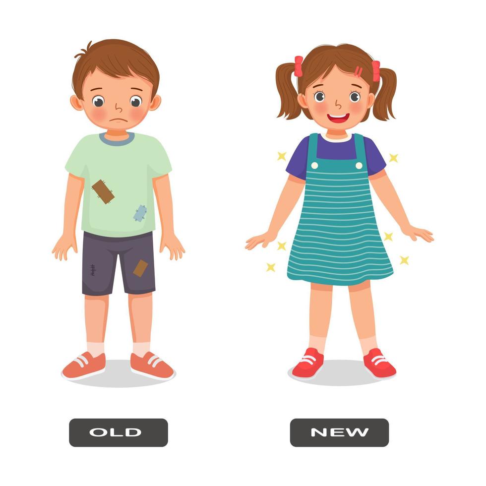 Opposite adjective antonym words old and new illustration of little kids wear clothes explanation flashcard with text label vector