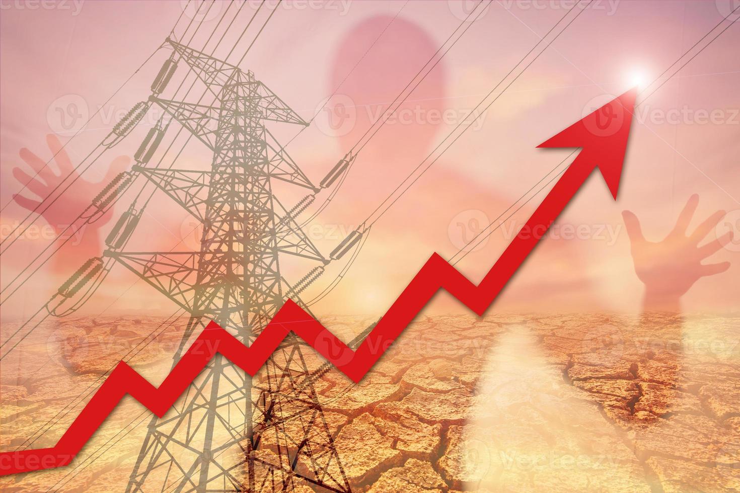 energy crisis concept power shortage and increased energy consumption. Image of a high voltage pole with a red graph rising. photo