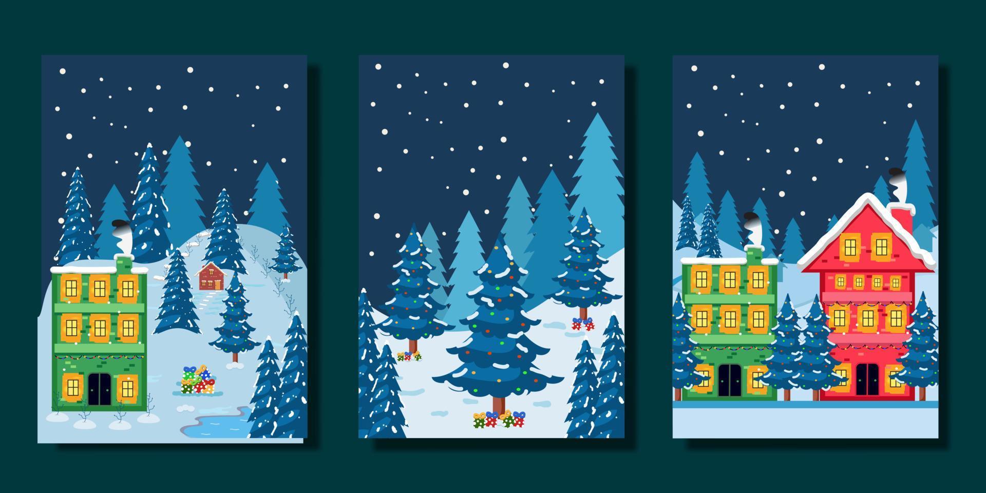 invierno de diseño plano, navidad en la ciudad, invierno en la ciudad con edificio, árbol, montaña y nieve vector