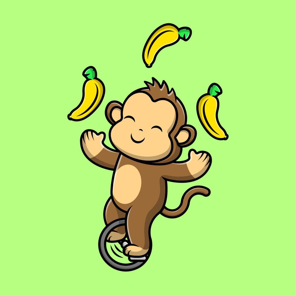 Cute Monkey Circus Playing Banana With Unicycle Cartoon Vector Icons Illustration. Flat Cartoon Concept. Suitable for any creative project.