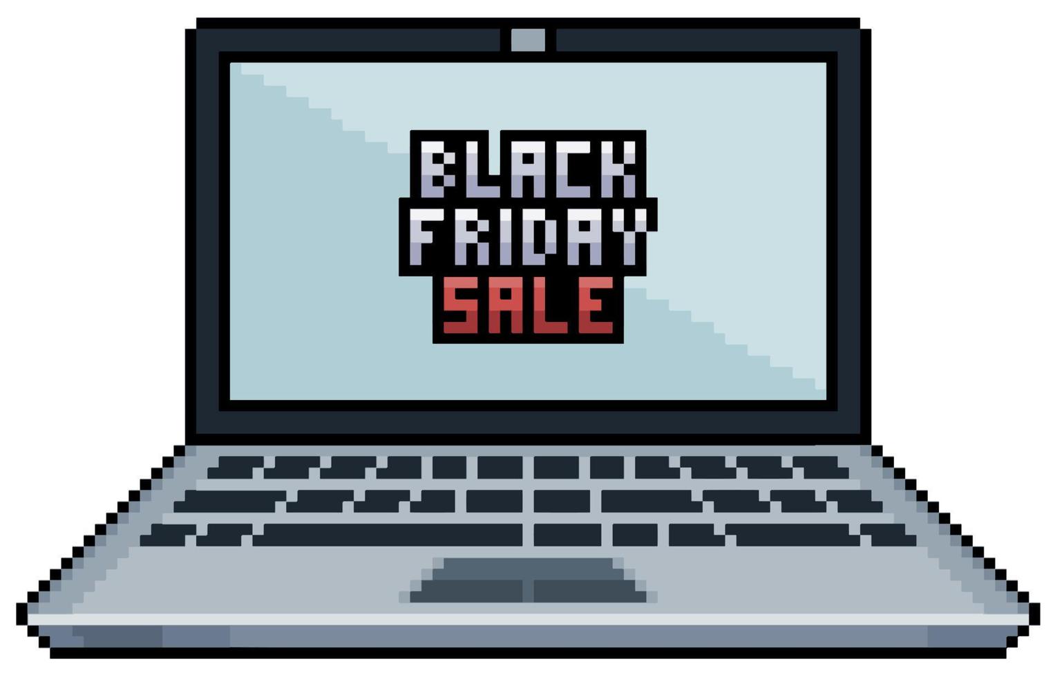 Pixel art laptop with black friday on screen vector icon for 8bit game on white background