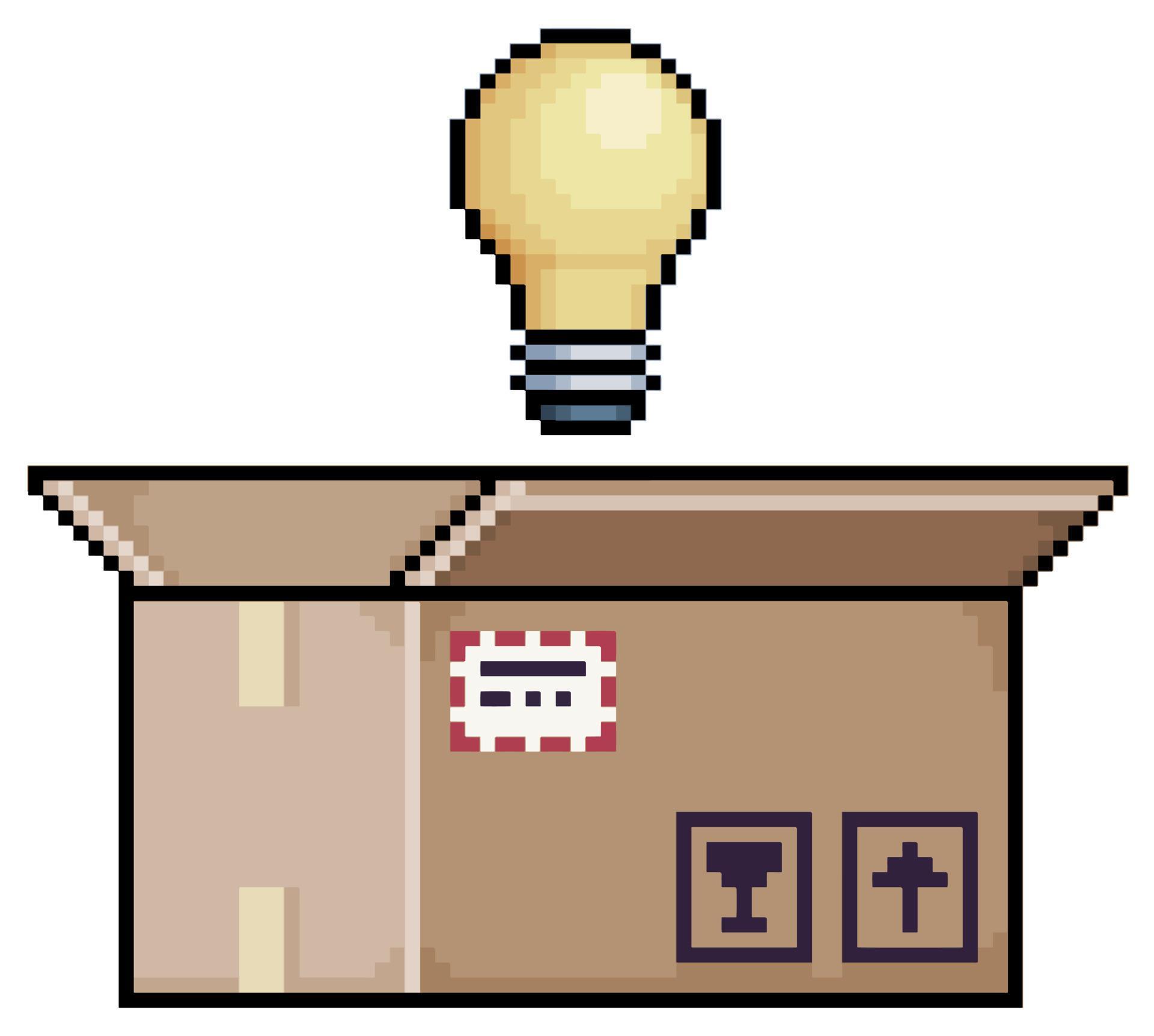 Pixel art cardboard box with light bulb, box with ideas and creativity