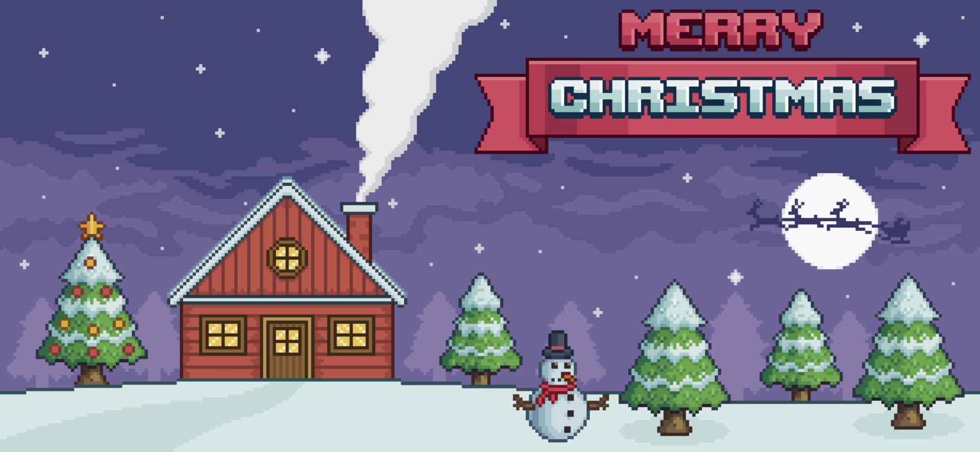 paisaje navideño de pixel art en la noche con casa roja, árbol de navidad, muñeco de nieve, santa claus, pinos y fondo de juego de 8 bits de nieve vector