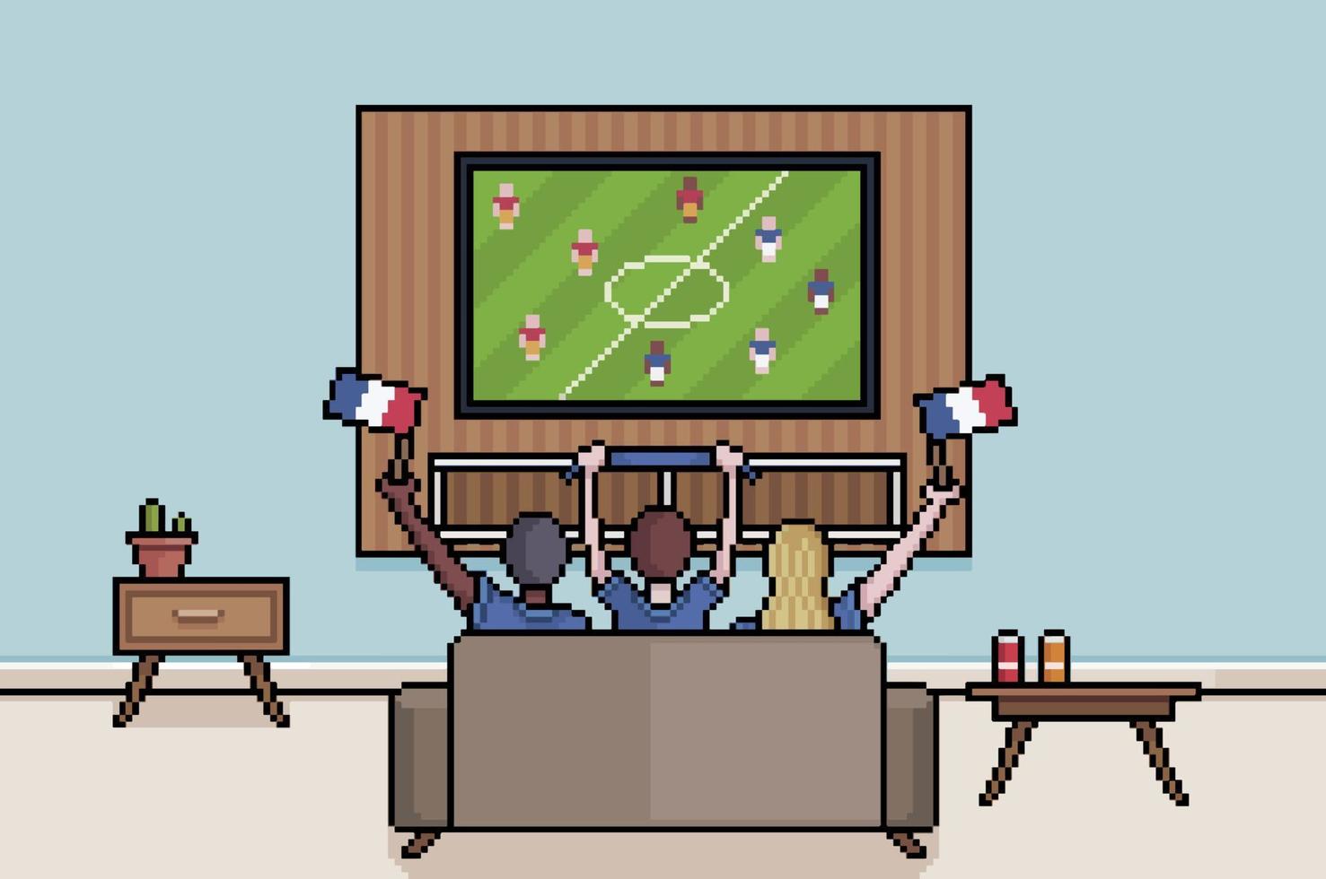Pixel art fans watching football on tv in living room French people watching the world cup 8bit background of people watching soccer world cup vector