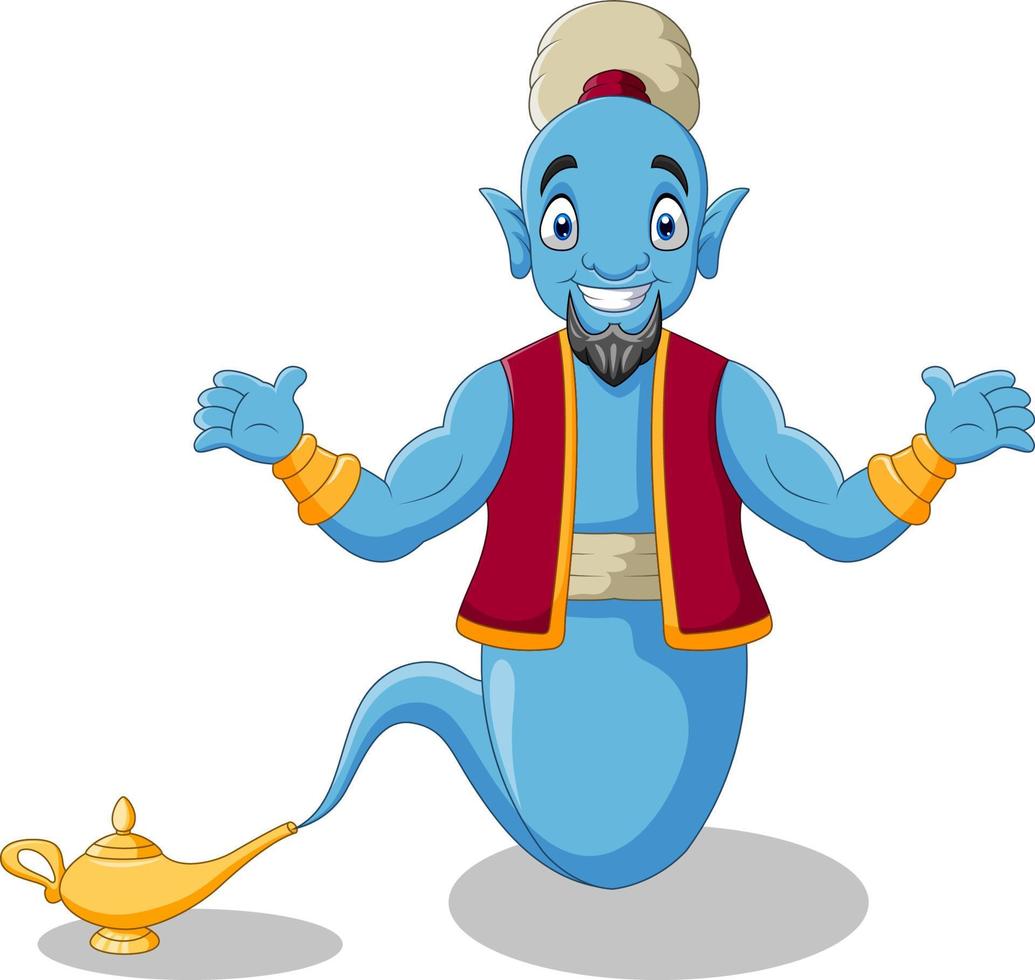 Cute cartoon genie appear from magic lamp vector