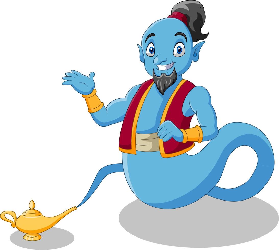 Cute cartoon genie appear from magic lamp vector