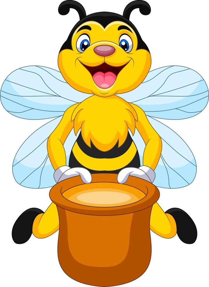 abeja de dibujos animados con tarro de miel vector