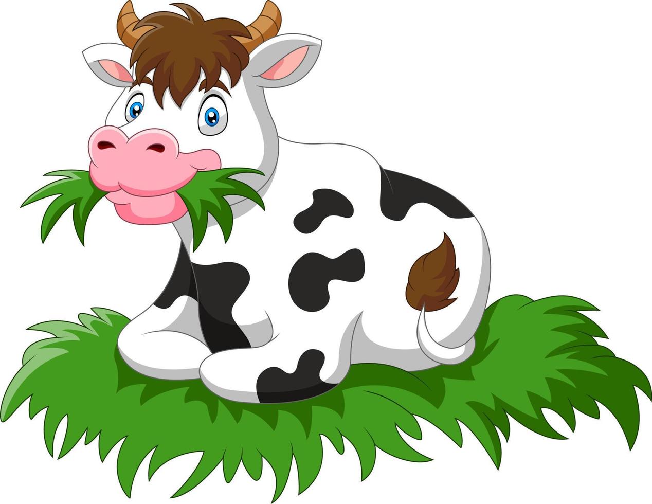 vaca de dibujos animados sentarse comiendo hierba vector