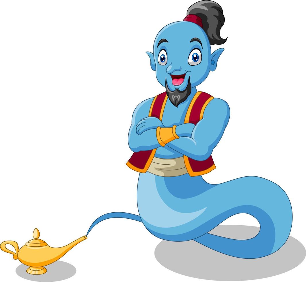 Cute cartoon genie appear from magic lamp vector