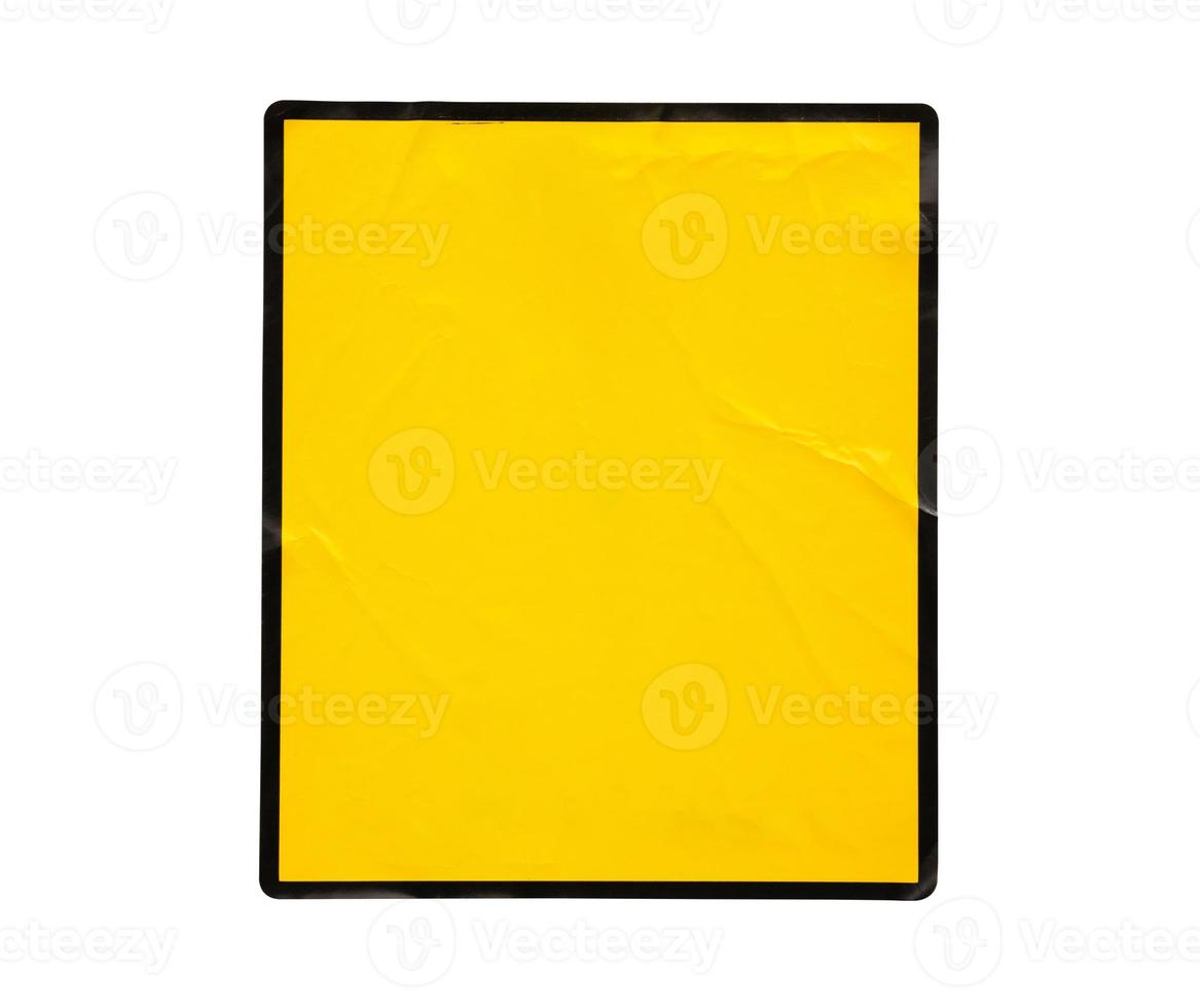 Blank warning sign yellow color with black frame sticker isolated on white background photo