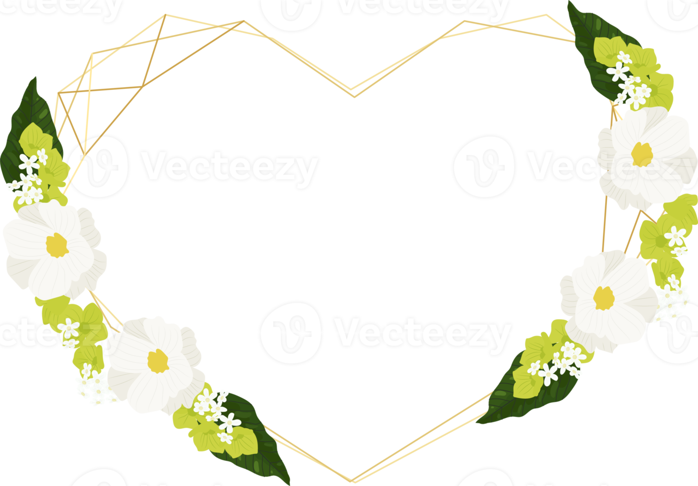 white cosmos and green hydrangea  heart golden wreath frame png