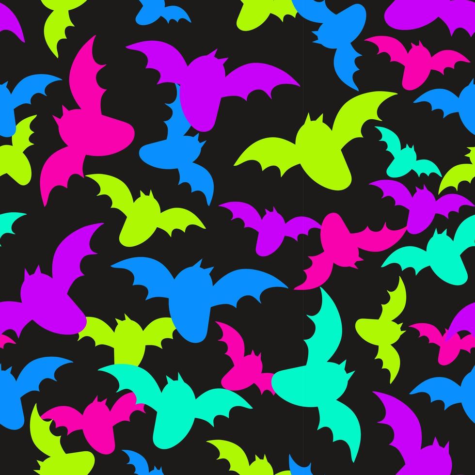 Seamless pattern with a bright neon bats on dark background for halloween. vector