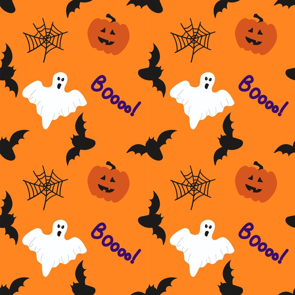 Seamless pattern with a ghosts, bats, pumpkins, web on orange background for halloween. vector