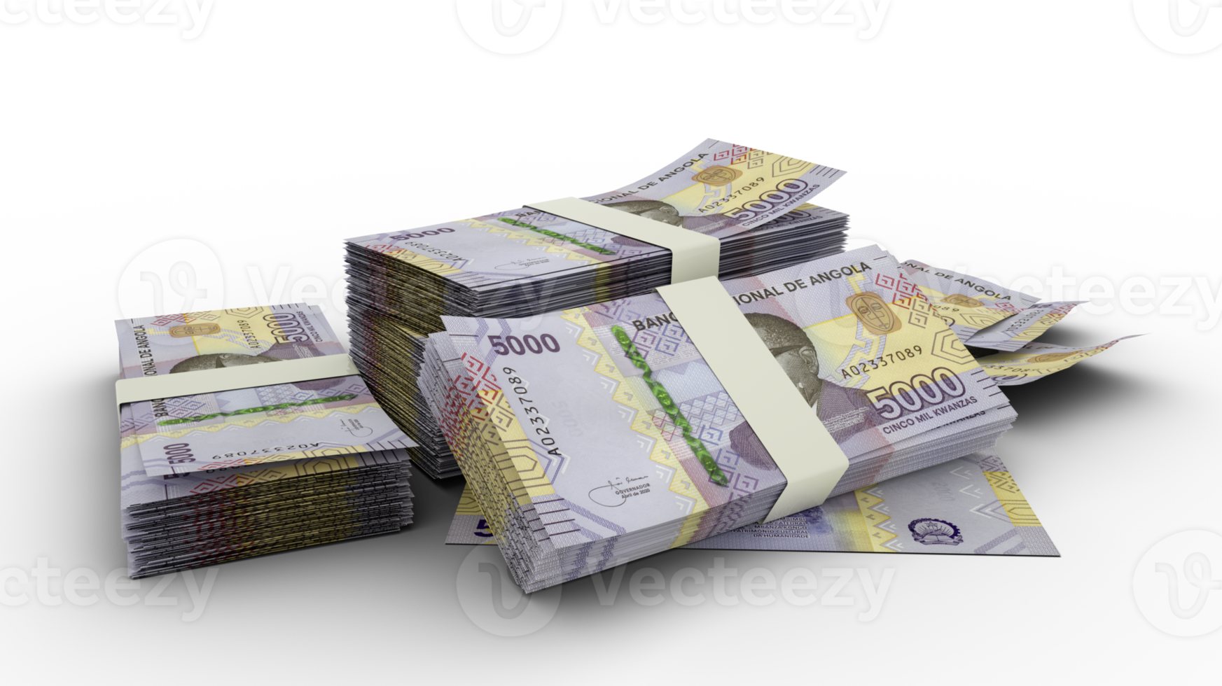 3D Stack of 5000 Angolan kwanza notes isolated on transparent background png