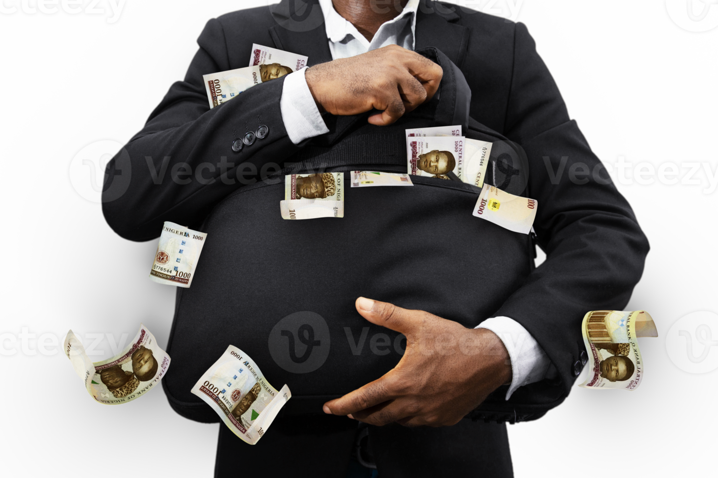 Black Businessman holding black bag full of Nigerian naira notes isolated on transparent background, money falling from bag png