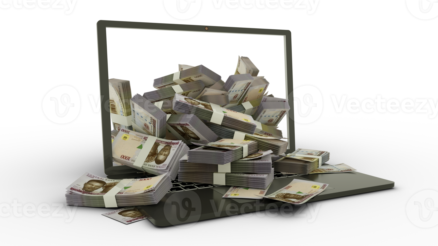 3D rendering of Nigerian naira notes coming out of a Laptop monitor isolated on transparent background. stacks of Naira notes inside a laptop. money from computer, money from laptop png