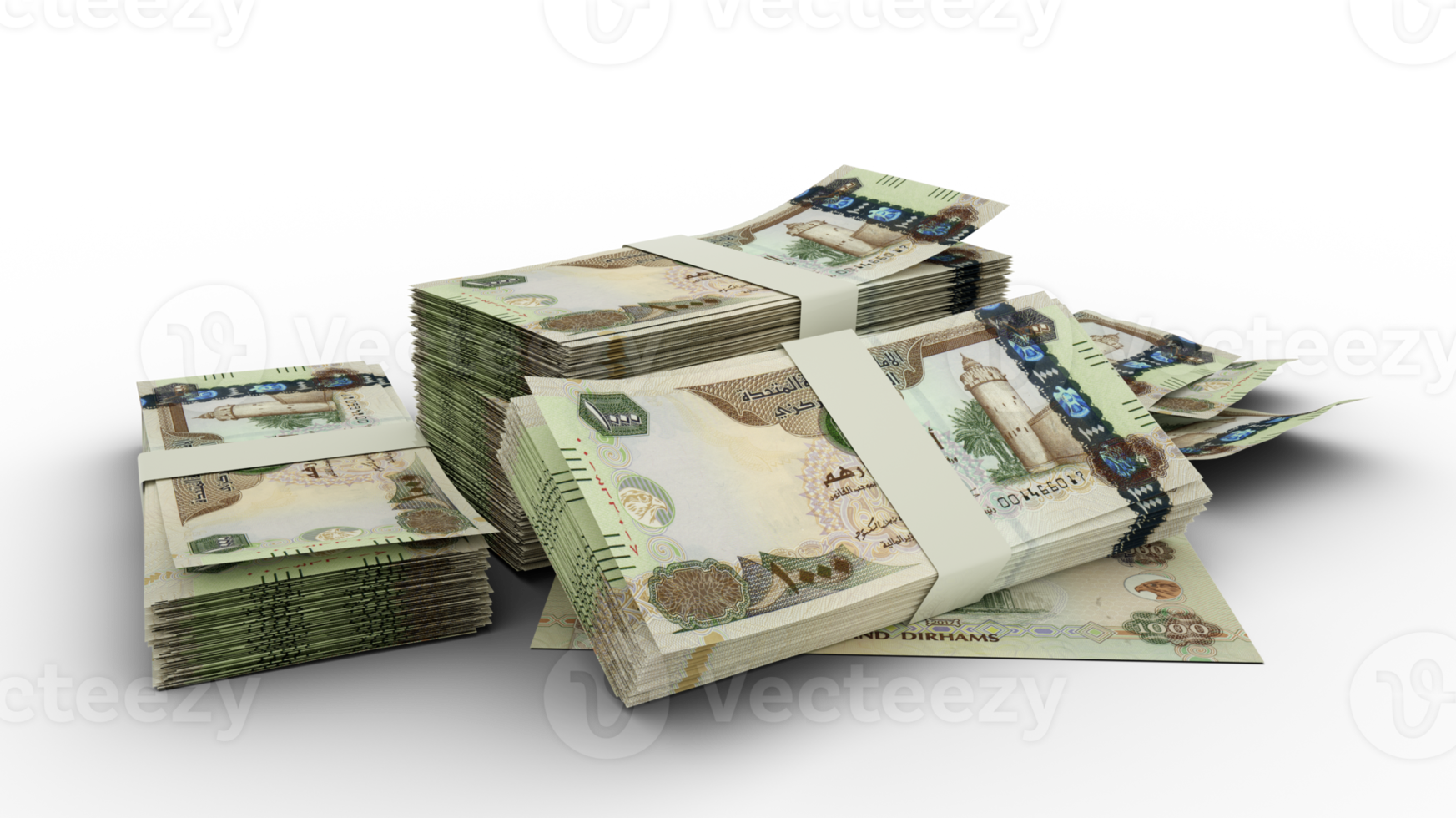 3d rendering of Stack of 1000 United Arab Emirates dirham notes. Few bundles of United Arab Emirates currency isolated on transparent background. Emirati png