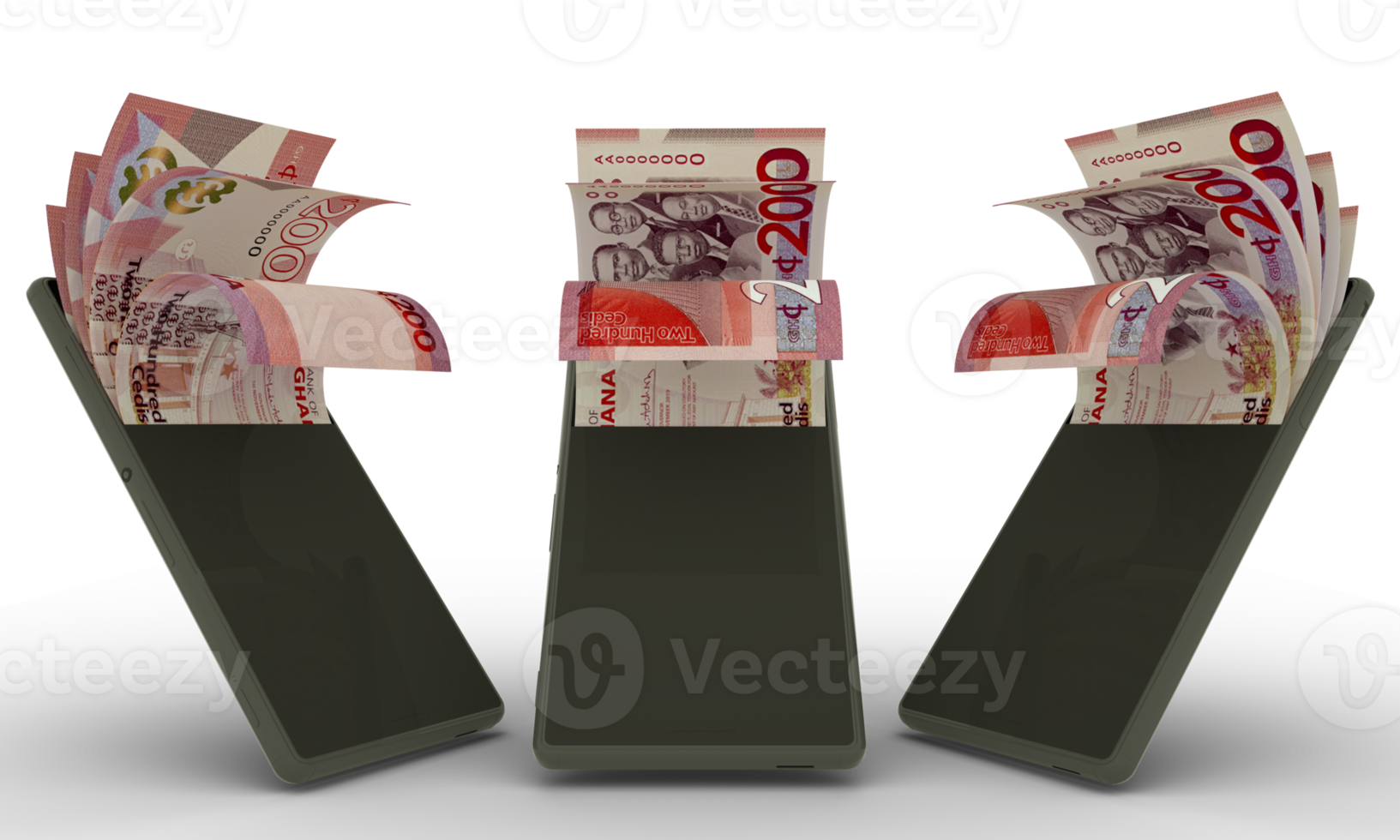 Ghanaian cedi notes inside a mobile phone. money coming out of cell phone. 3d rendering of set of mobile money transaction concept. money from Phone png