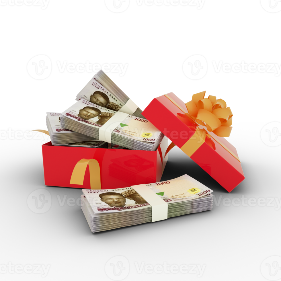 Stack of Nigerian naira notes inside an open red gift box. Bundles of Nigerian naira inside a gift box. 3d rendering of money inside box png