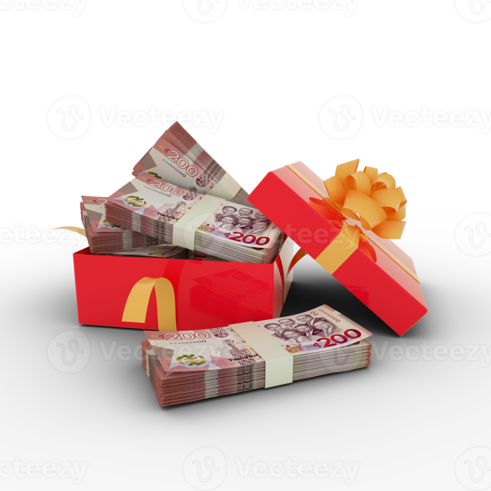 Ghanaian cedi notes inside an open red gift box. Ghanaian cedi inside and flying around a gift box. 3d rendering of money inside box isolated on transparent background png