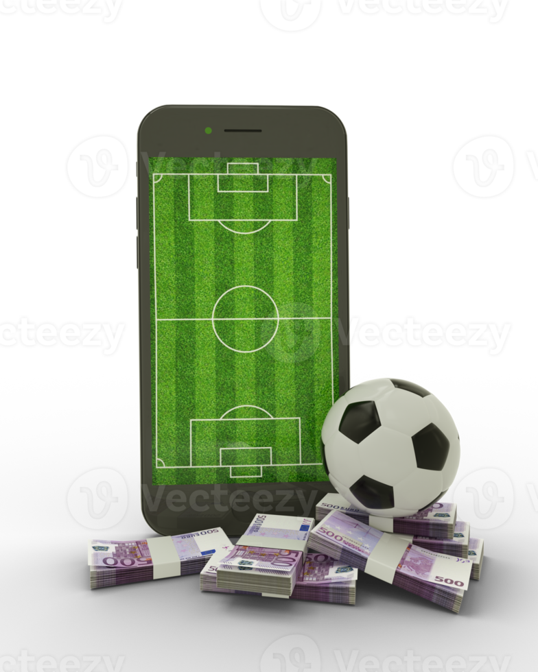 3D-Darstellung eines Mobiltelefons mit Fußballfeld auf dem Bildschirm, Fußball und Stapeln von Euro-Banknoten isoliert auf transparentem Hintergrund. png