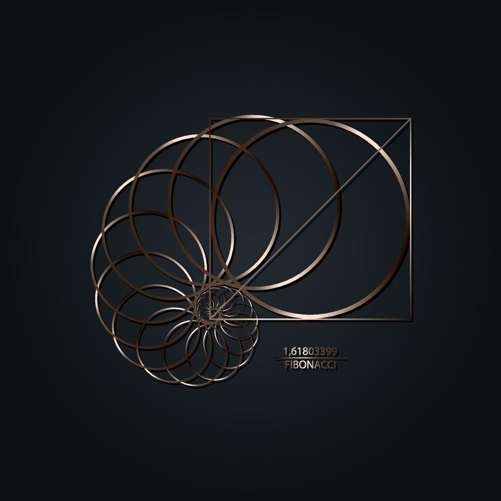 Fibonacci Sequence Circle. Golden ratio. Geometric shapes spiral. Snail spiral. Sea shell of metallic circles. Sacred geometry logo template. Logarithmic sequences. Vector isolated on black background