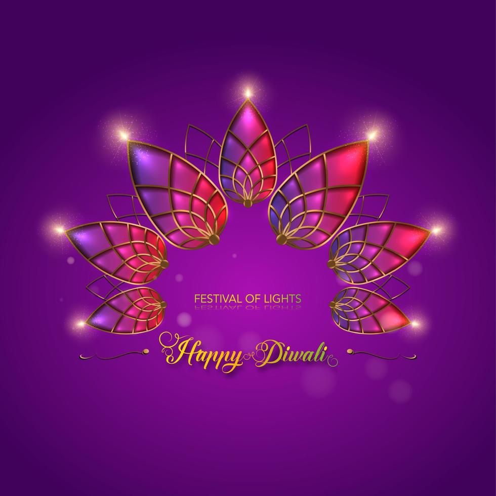 feliz diwali festival de luces india celebración plantilla colorida. diseño gráfico de pancartas de lámparas de aceite diya de loto indio, diseño moderno en colores vibrantes. estilo de arte vectorial, fondo de color degradado vector