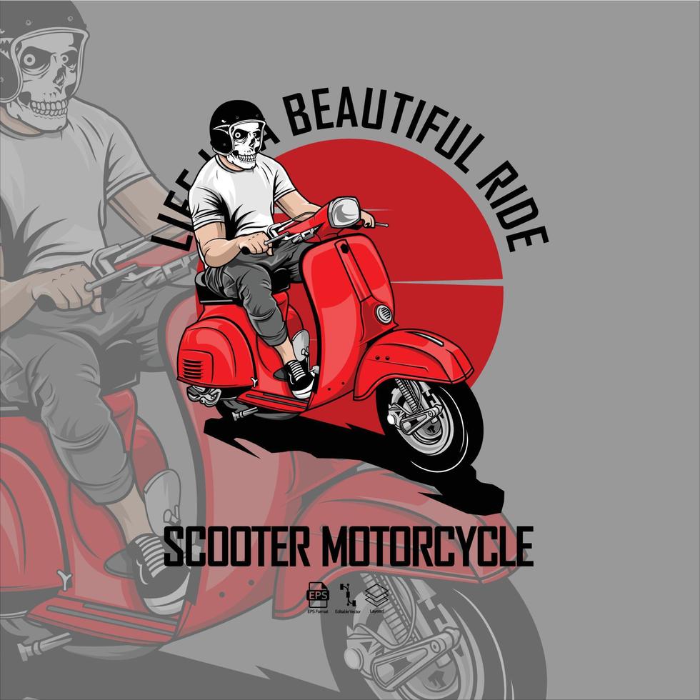 SKULL RIDING SCOOTER ILLUSTRATION WITH A GRAY BACKGROUND vector