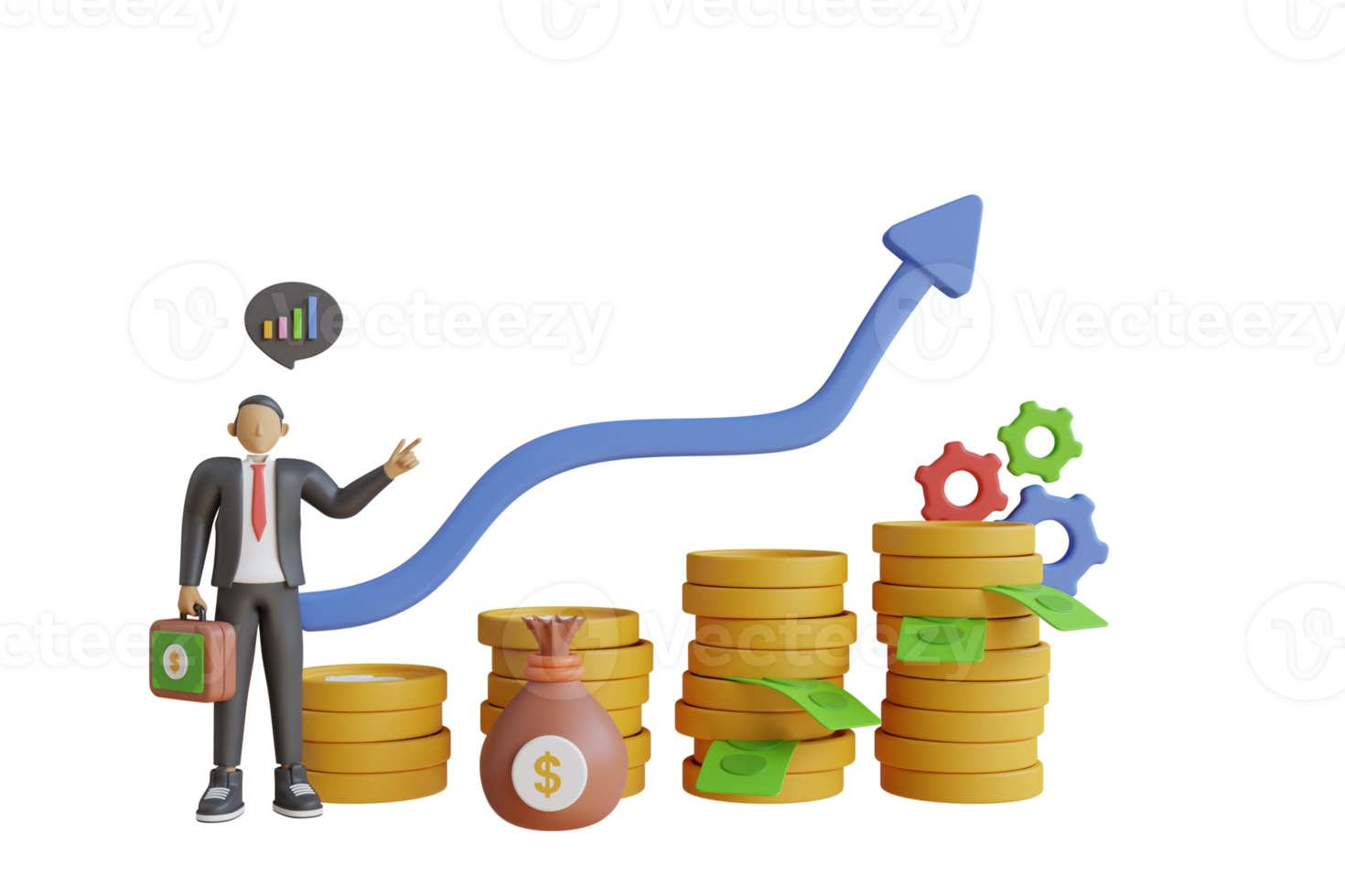 empresário 3D com gráfico crescente. ganhando o conceito de aumento de lucro gráfico. vendas de negócios, investimento, riqueza ou ganho crescente conceito de aumento de lucro gráfico, gráfico de relatório financeiro png