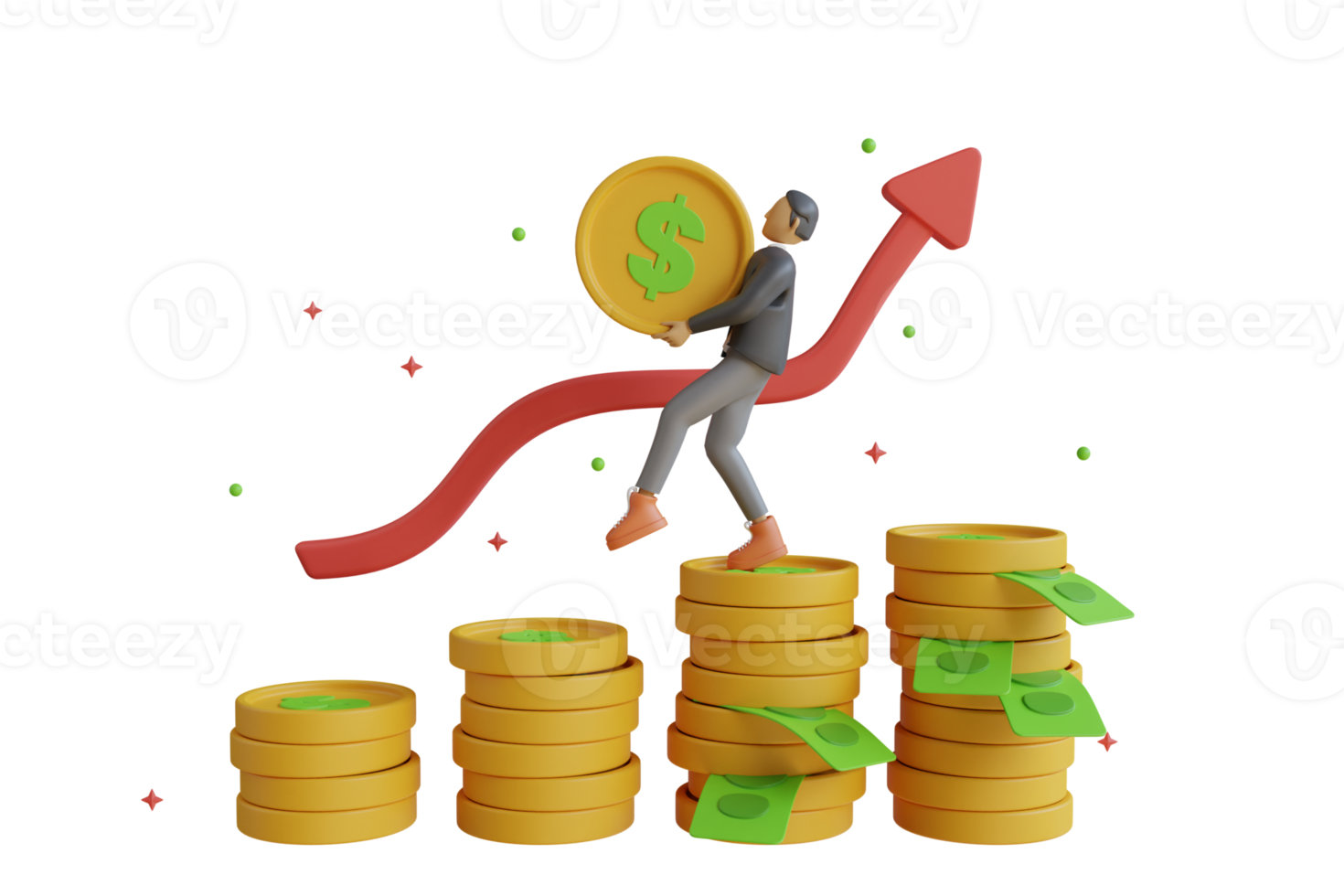 gestión de inversiones con moneda de dinero 3d y concepto gráfico. excelente gestión empresarial y bancaria de inversiones. inversión financiera 3d. png