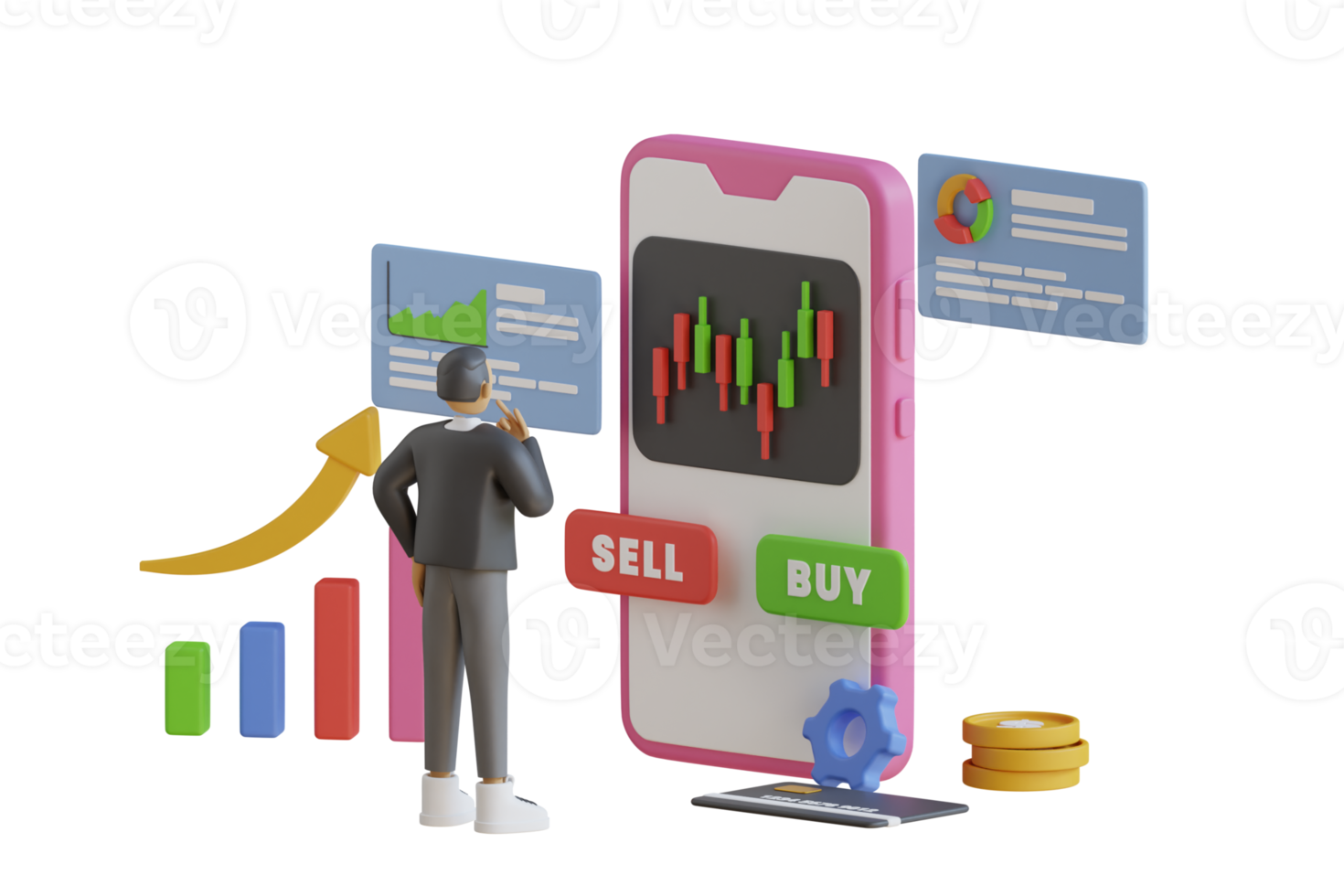 Empresário 3D comprando ou vendendo ações, investindo no mercado de ações do celular. gráfico de velas de venda e compra de ações usando telefones celulares, negociação de investimento de mercado. renderização em 3D png