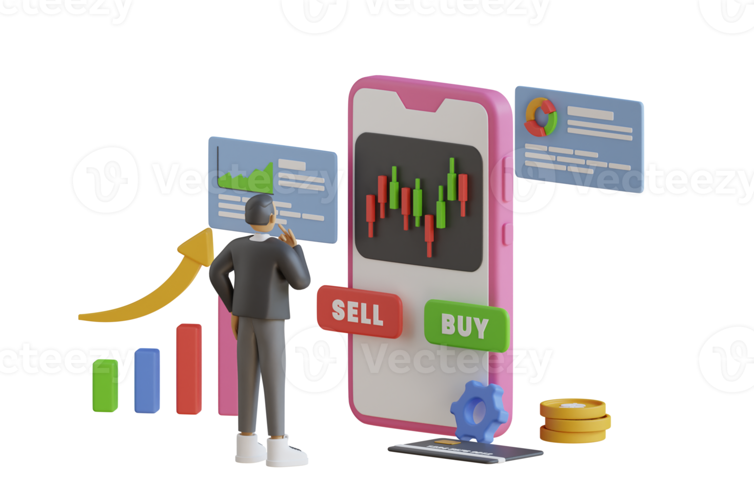 3d empresario comprando o vendiendo acciones, invirtiendo en bolsa desde el teléfono móvil. gráfico de velas de venta y compra de acciones mediante teléfonos móviles, negociación de inversiones en el mercado. representación 3d png