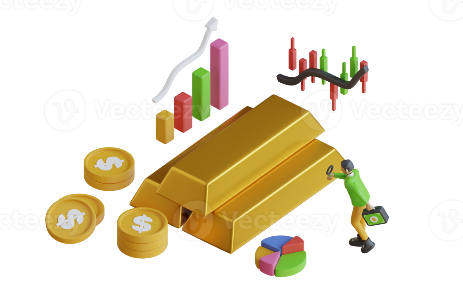 Concept d'investissement et d'achat d'or 3d. Barres d'or 3d avec concept de graphique à tendance haussière. graphique de négociation de marché boursier de rendu 3d avec des lingots d'or et une flèche pointant. rendu 3d png