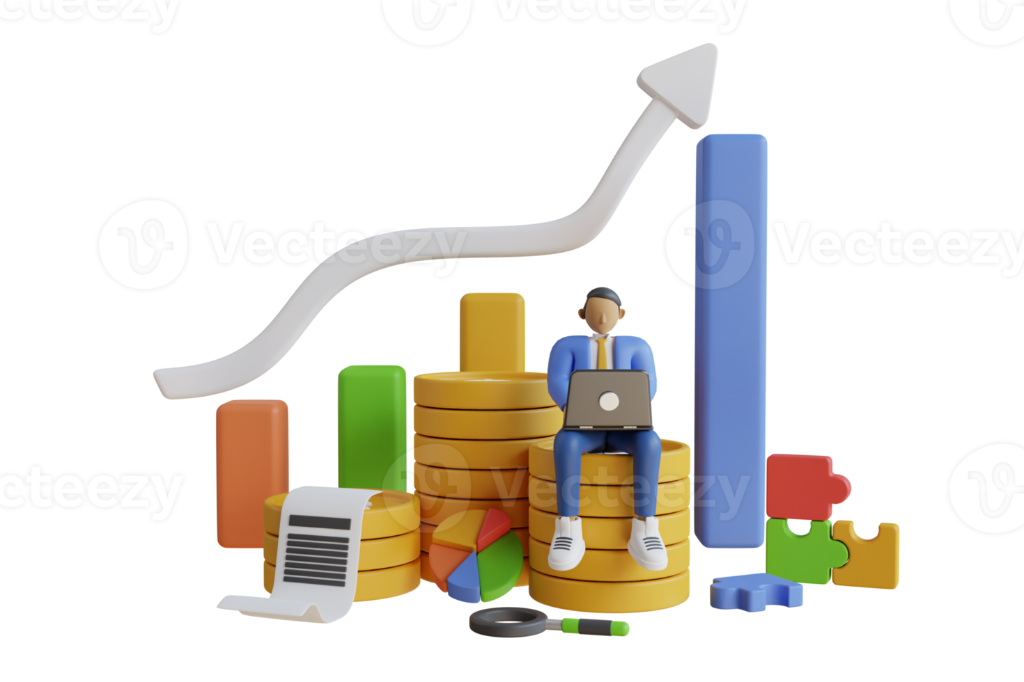 données d'analyste de revenus de société d'investissement d'entreprise 3d. Homme d'affaires 3d avec graphique en croissance. gagner en augmentant le concept d'augmentation des bénéfices du graphique. les ventes d'entreprise, l'investissement, la richesse ou les gains augmentent png