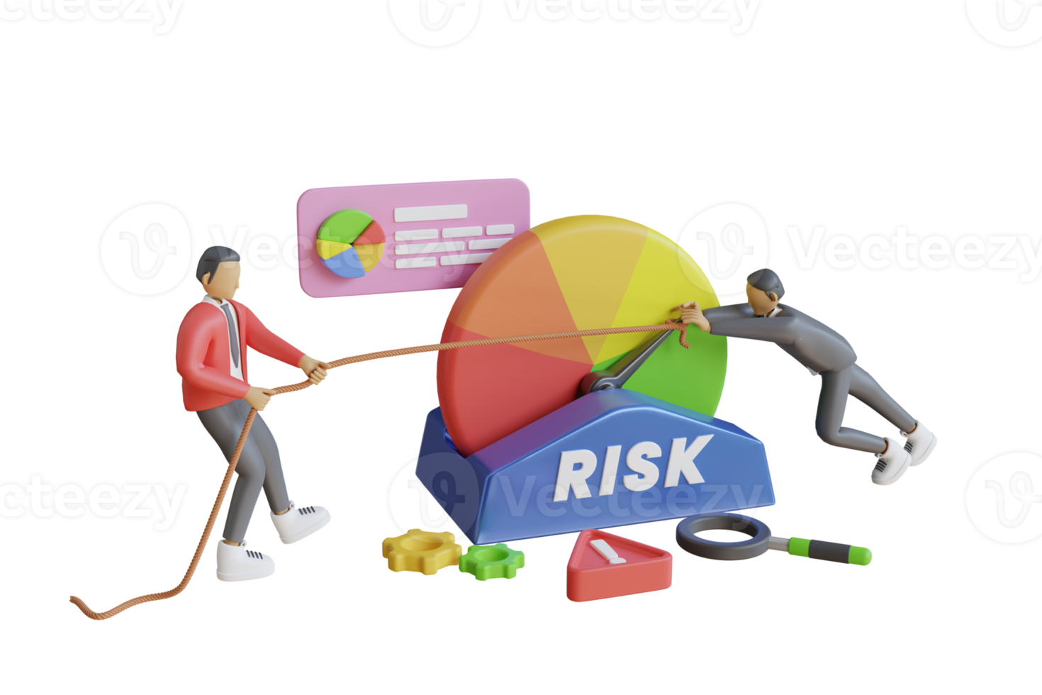 Ilustração 3D do conceito de risco de negócios. empresário virando a seta do medidor de risco de volta com corda. gestão de risco eficaz, medição, monitoramento, avaliação e controle. renderização em 3D png