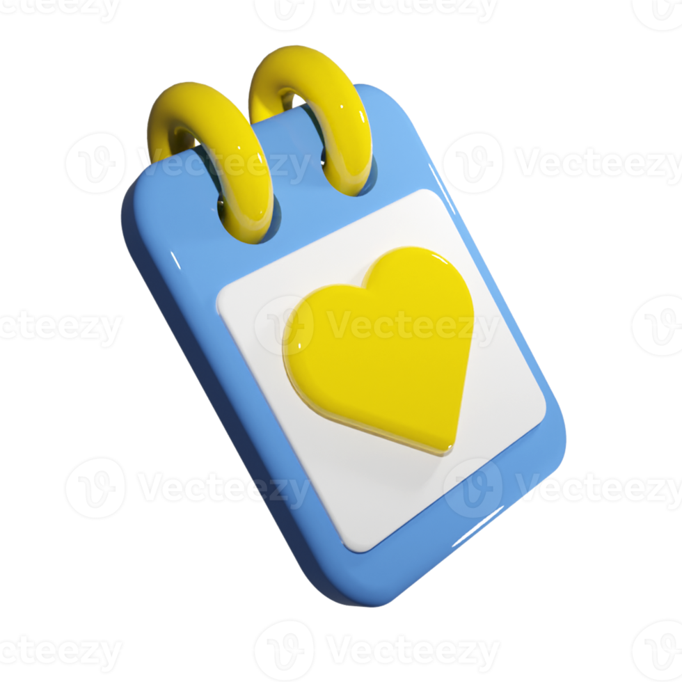 3d render of spiral calendar with big yellow heart. Minimal note pad with icon sign. Save the date or reminder illustration for appointment, meeting or holiday planning png