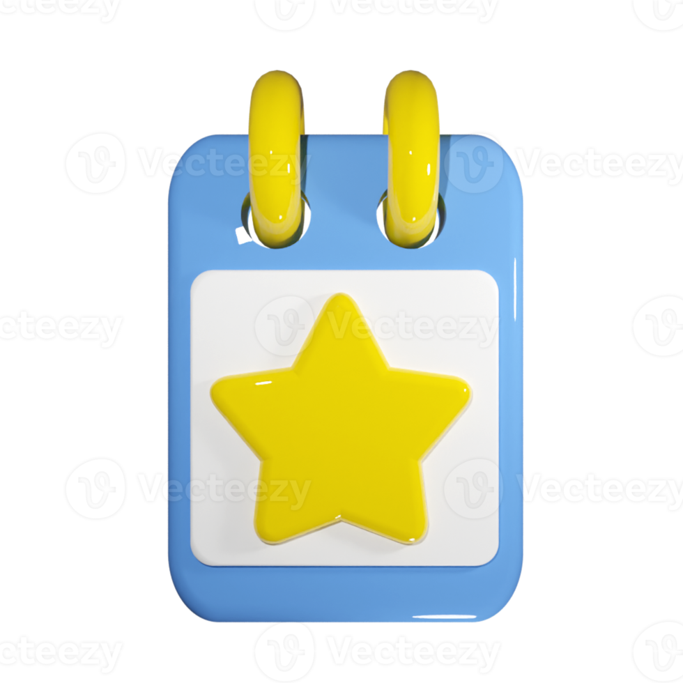 Big yellow star on 3d render note pad for advertisement or appointment planner. Save the date calendar schedule for vacation or holiday reminder png