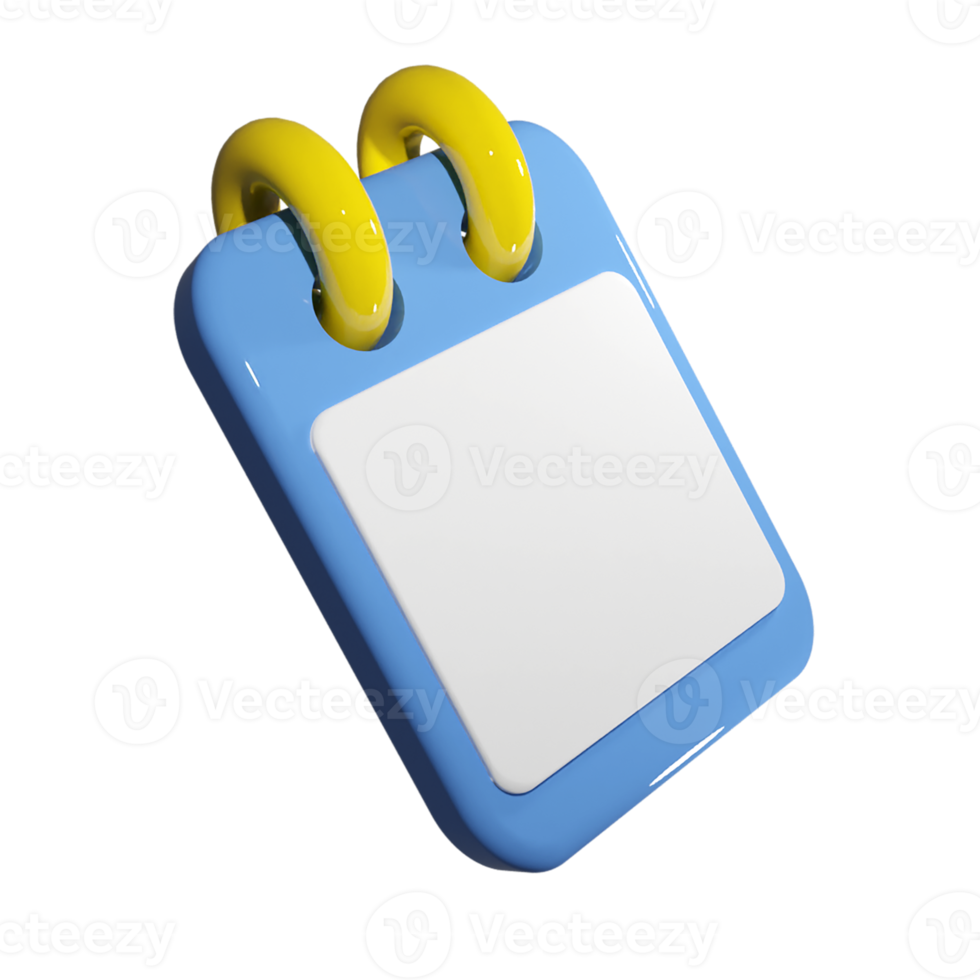 Blank render of 3d note pad with white paper. Ui element for business with nobody. Spiral reminder agenda in blue and yellow png