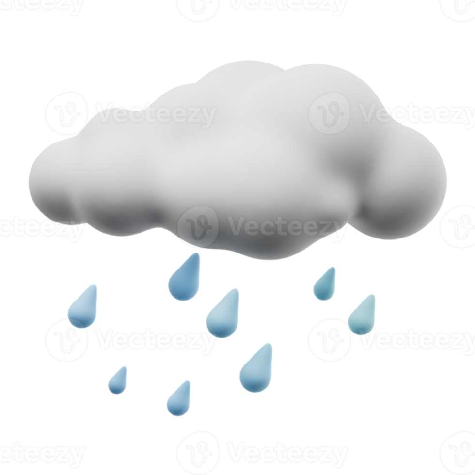 Lluvia del tiempo de dibujos animados en 3D. signo de nubes oscuras con gotas de lluvia aisladas sobre fondo transparente. Ilustración de procesamiento 3d. png