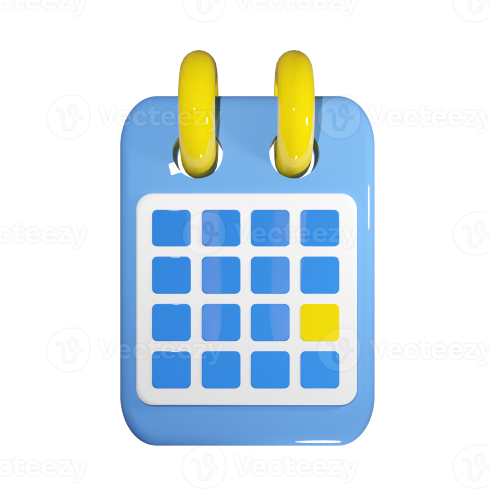 3d render calendar in blue and yellow. Pick the date for event or birthday party. Appointment illistration clipart with reminder png